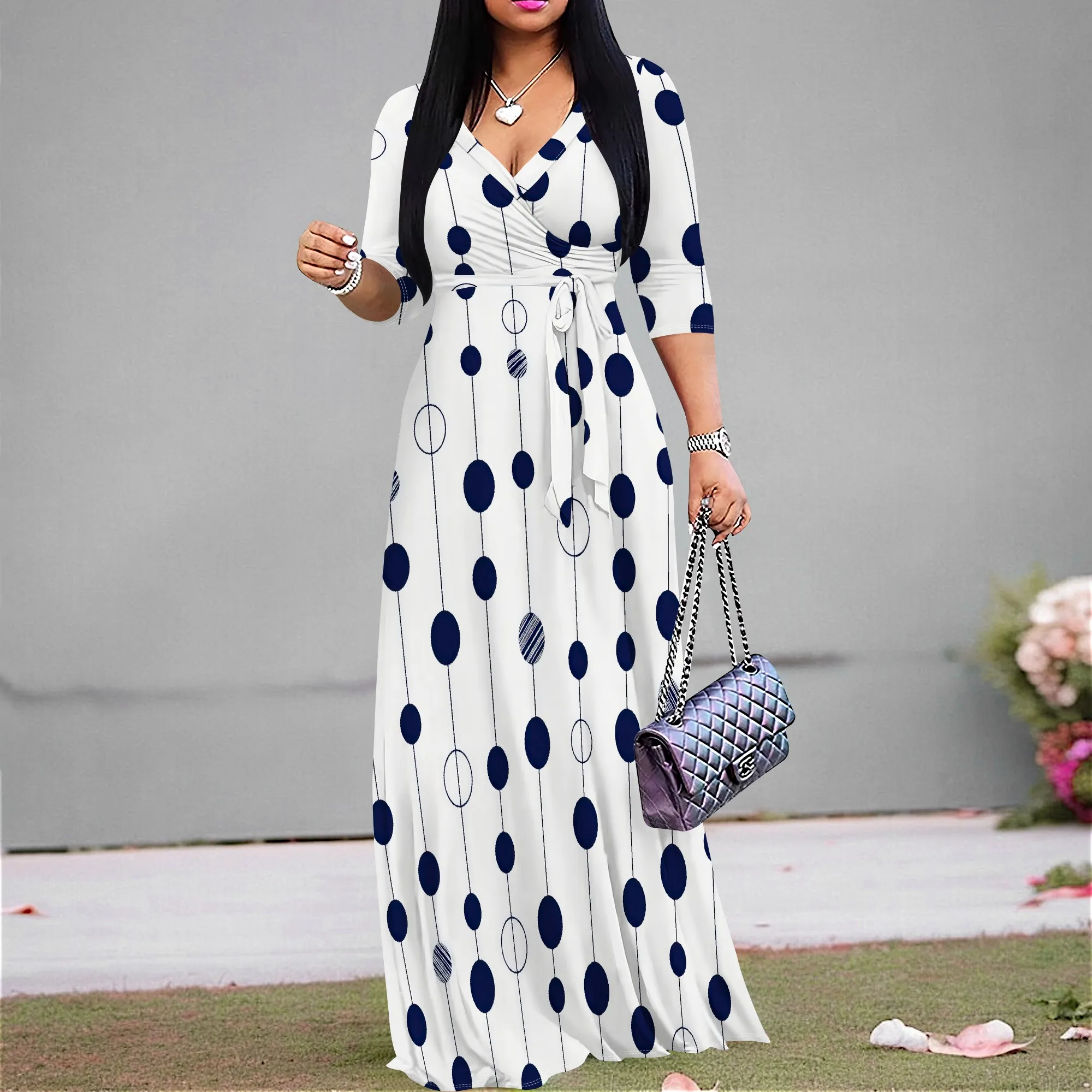 

Women's Polka Dot Maxi Dress | V-Neck A-Line Summer Dress with 3/4 Sleeve & Tie Waist XS-3XL