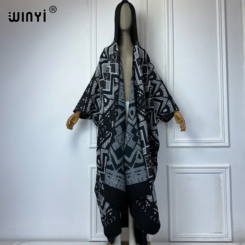 WINYI-Cardigan à Capuche Imprimé à Carreaux Africains pour Femme, Abaya, Manteau Ouvert sur le Devant, Poncho Long, Tenues d'Automne et d'Hiver