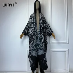 WINYI African Plaid print hooded winter cardigan woman abaya Autumn outfits for women coat Open Front Kimonos long down poncho