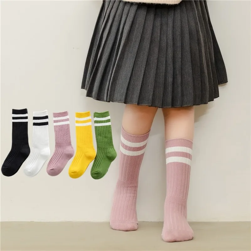 Kids Knee High Socks Cotton Breathable Kint Stripe Long Socks for Boys Girls Toddler Black White Slouch School Socks 1-9Y