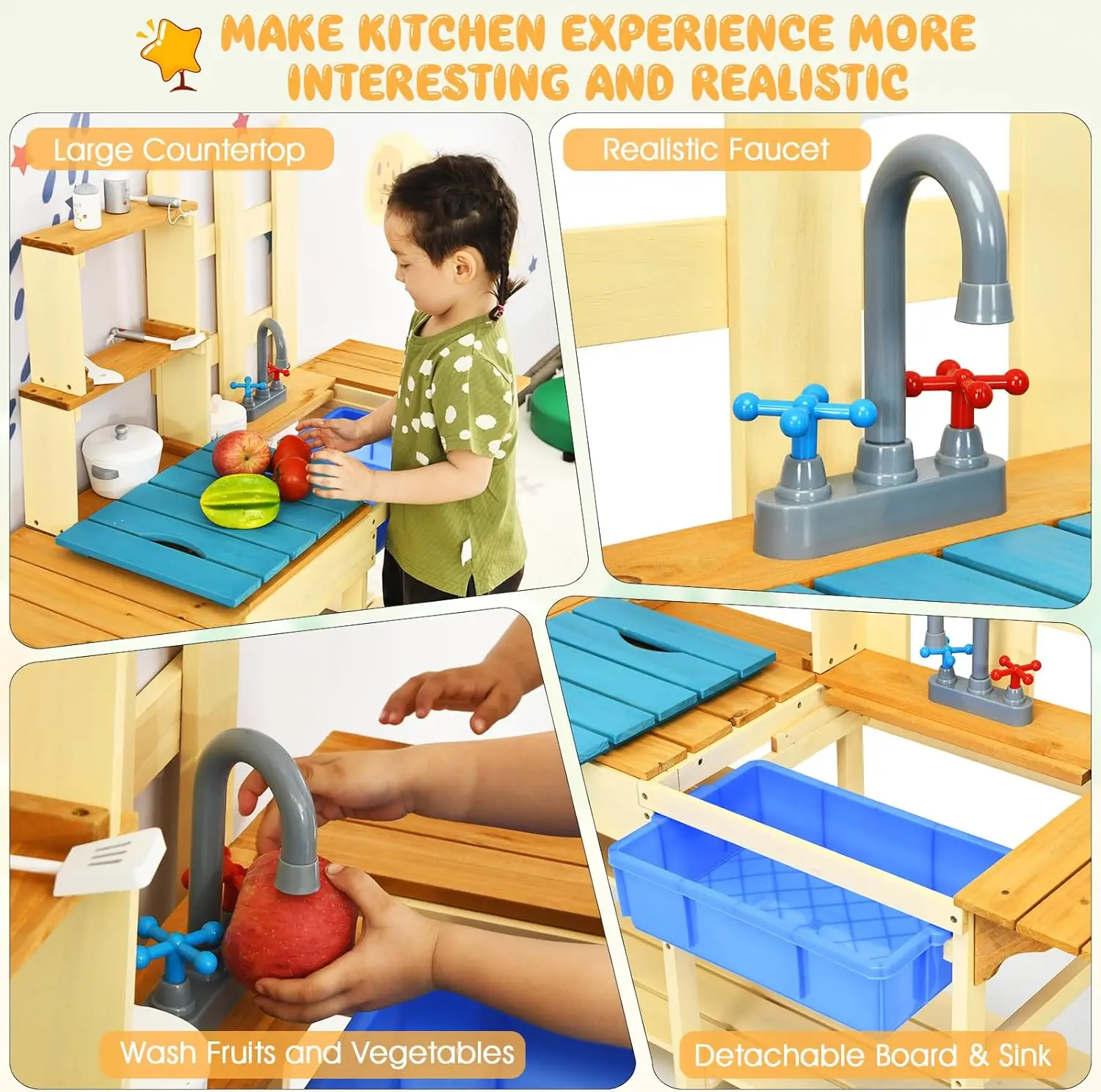 Kids Mud Kitchen Playset, Indoor Outdoor Wooden Pretend Play Toy Kitchen with Removable Sink, Simulated Faucet, Mud Kitchen for