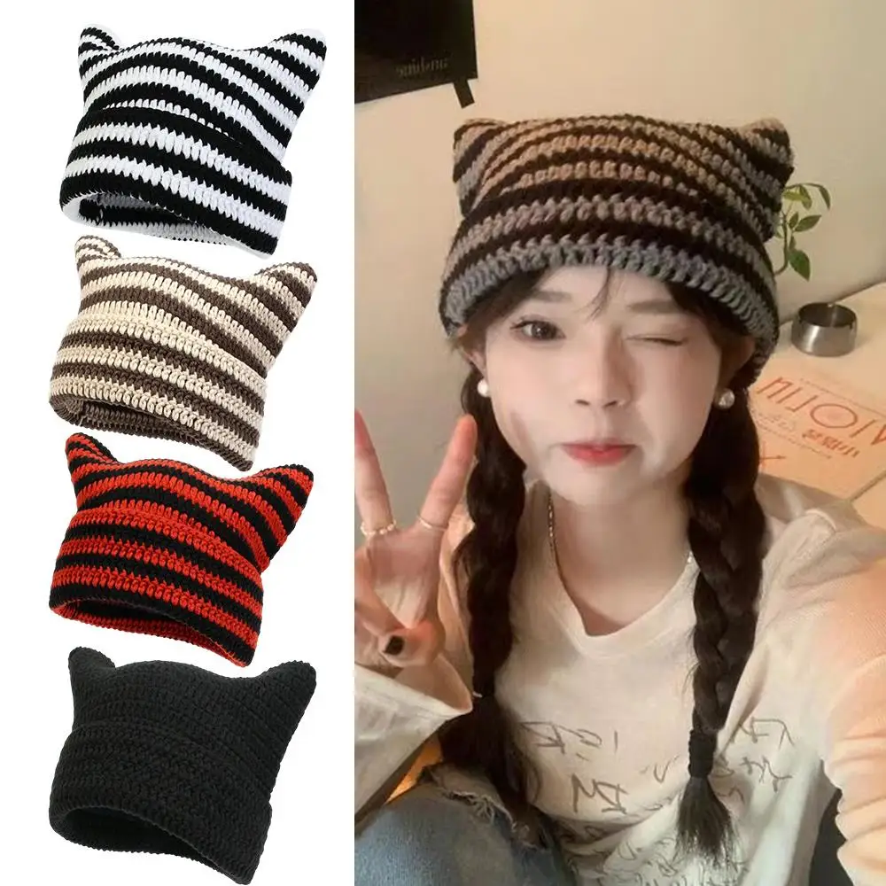 

Striped Knitted Hat Pointed Pullover Hat Wool Knitting Cute Cat Ears Decor Warm Ear Protection Cap Fashion Beanies Winter Cap