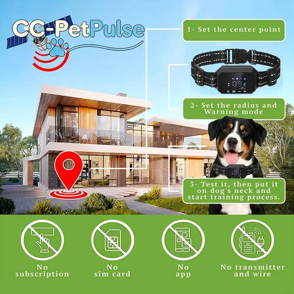 

Беспроводная электронная система ограждения для собак CC-PetPulse с радиусом действия 3280 футов, GPS-трекером и умным вибрационным/шоковым ошейником для дрессировки собак