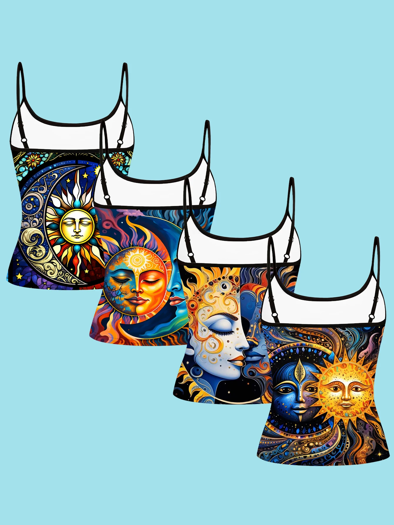 4-Piece Set of Women's Sun and Moon Print Camisoles, Bohemian Starry Sky Art Painted Slim-Fit Spaghetti Strap Tops
