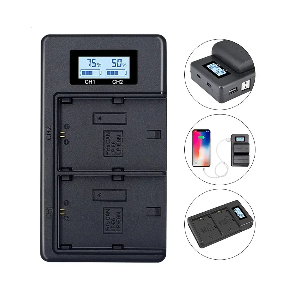 2850mAh LPE6 LP-E6 Battery + LCD Dual Charger for Canon EOS 5DS R 5D Mark II 5D Mark III 6D 7D 70D 60D 80D 90D EOS 5DS R Camera