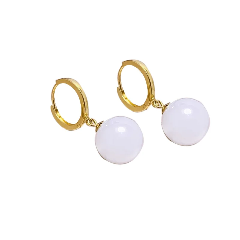SHILOVEM 18k Yellow Gold White Jade Stud Earrings New Birthday Christmas Gift Fashion Wholesale Women  10mm yze101008