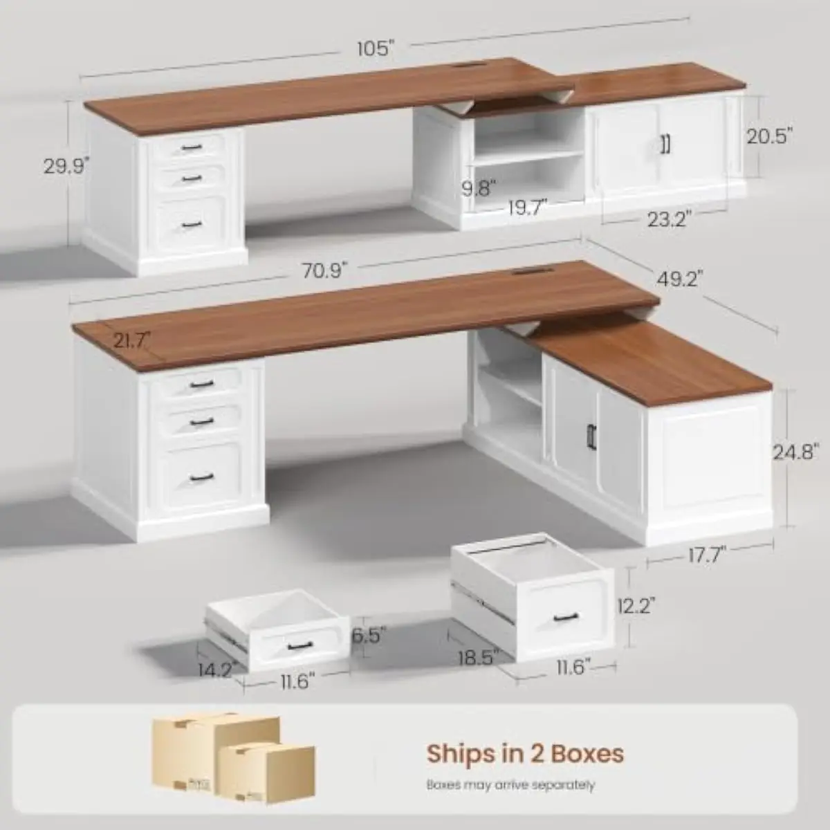 Farmhouse-style L-shaped workstation with modular configuration option—70.9 inch main section plus extendable 105 inch linear la