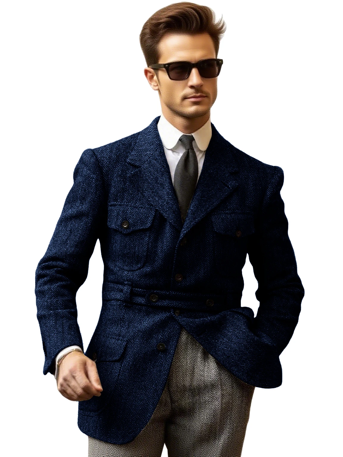 

Мужская модная универсальная куртка, теплый ветрозащитный костюм для самосовершенствования, классический блейзе с узором «елочка», деловой модный клетчатый костюм