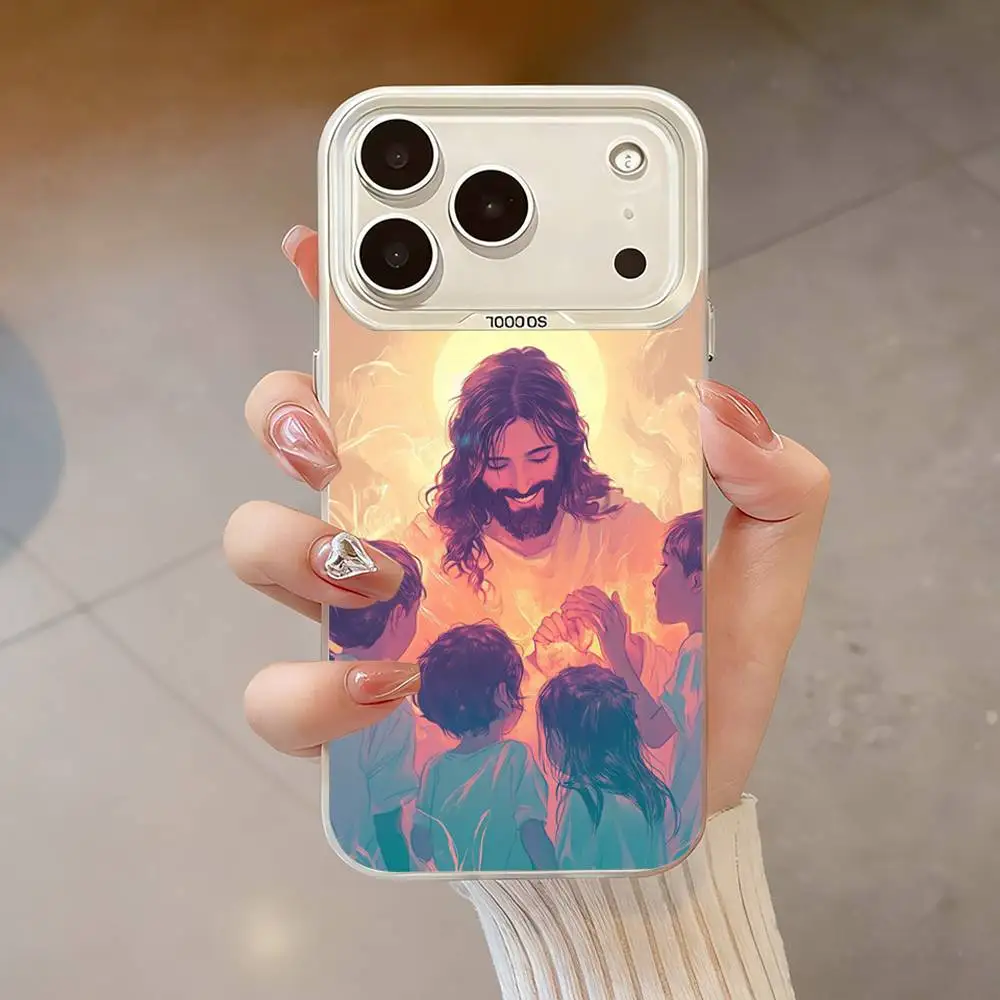 Crença arte jesus salvador caso de telefone para iphone 17,16,13,12,x,11,15,14,pro,max,plus, se4, ar, mini branco imd hd fosco