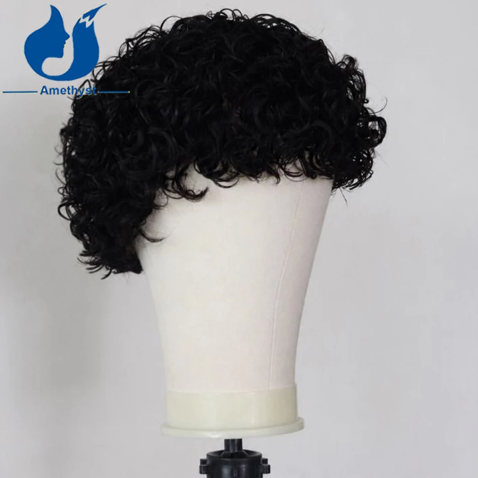 Amethyst Pre Style Short Curls Natural Black Human Hair Wig for Men Brazilian Remy Hair Full Lace Bleached Male Hair System