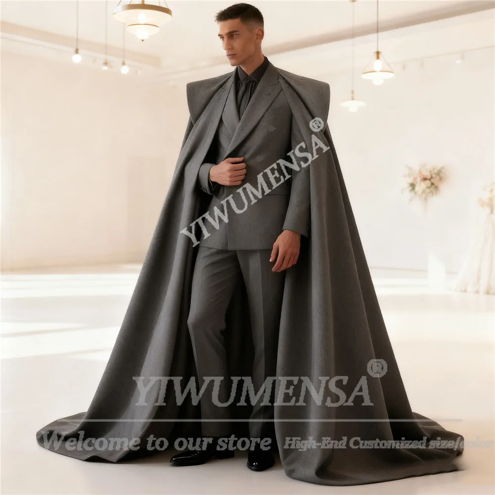 Эксклюзивные фиолетовые однотонные свадебные смокинги для жениха, приталенные двубортные пиджаки с накидкой, длинные индивидуальные комплекты из трех предметов, Ropa Hombre