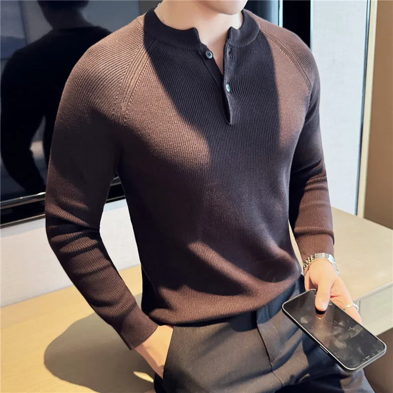 2024 Autumn Winter Henry Collar Sweater Men Fashion Slim Fit Thick Knit Pullovers Solid Color Casual Business Knitwear Tops