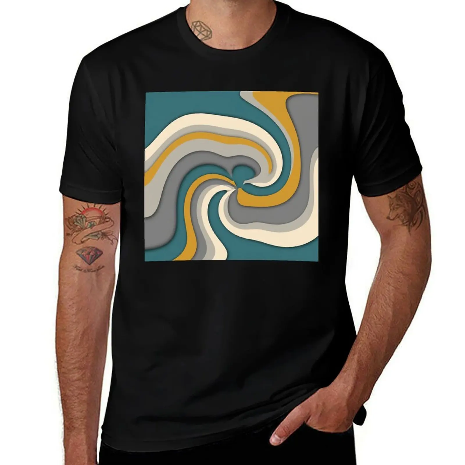 

Retro 70s Wave Abstract Swirl T-Shirt blue archive customs man t shirt oversized t shirts for men