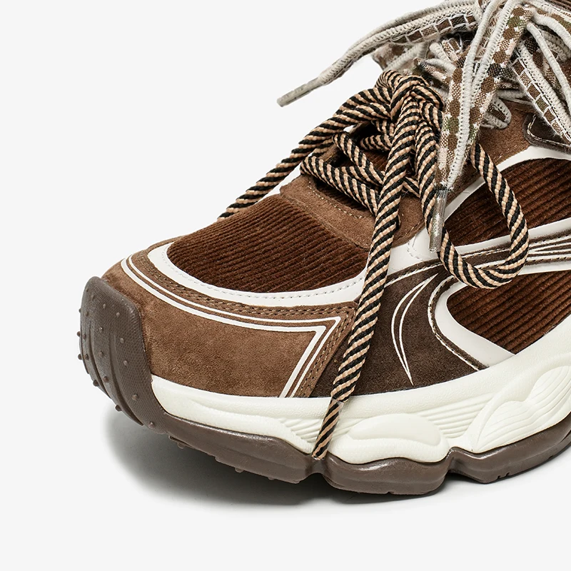 Women's Chunky Sneakers - Suede Leather, Round Toe, Double Laces