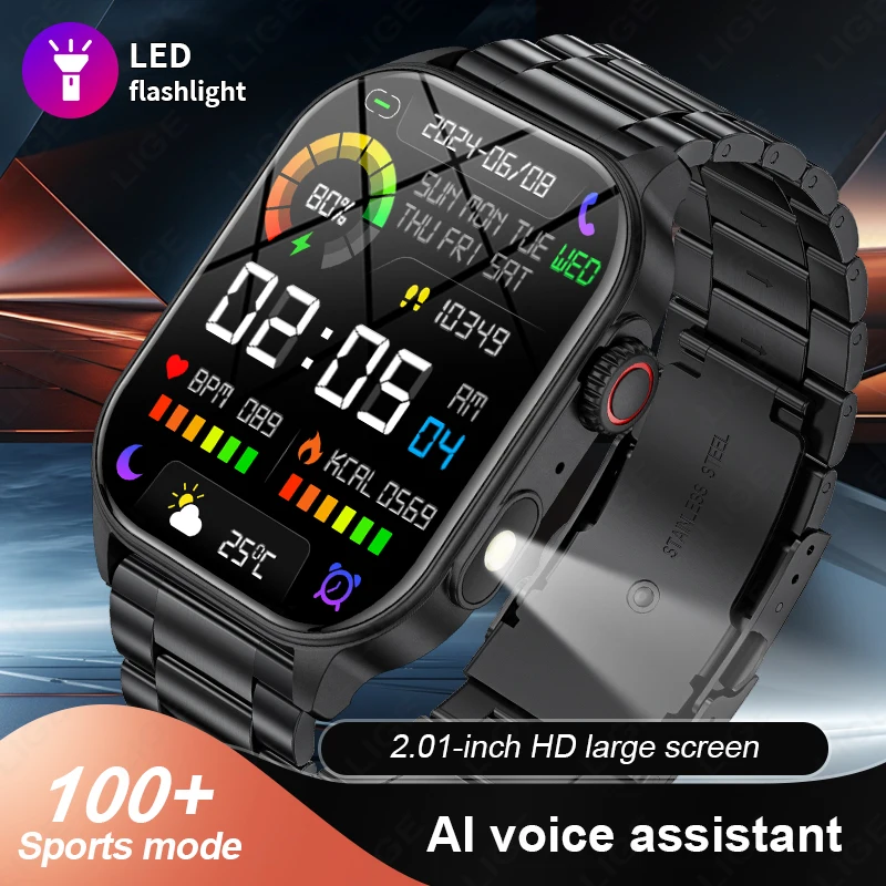 LIGE New Smart Watch LED Flashlight Military Sport Watches 2.01'' Screen Health Monitor Bluetooth Call Waterproof Smartwatch Men