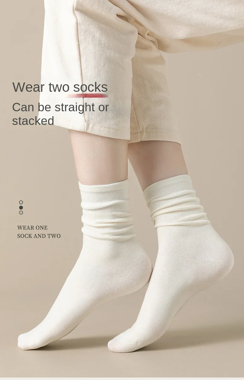 5-Paar-Set Baumwollsocken, mittlere Röhre, gestrickt, locker, lang, weich, einfarbig, Crew, Freizeitsocke, Schwarz, Weiß, atmungsaktiv, Frühling und Herbst – Detail 1