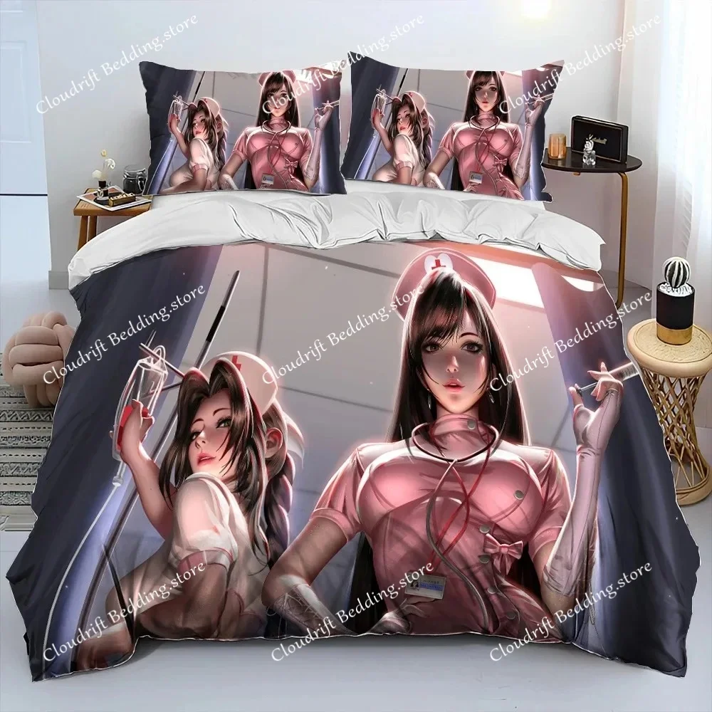 Tifa Aerith Sexy Girl Lace Cartoon Game Comforter Bedding Set,Duvet Cover Bed Set Quilt Cover Pillowcase,Queen Size Bedding Set