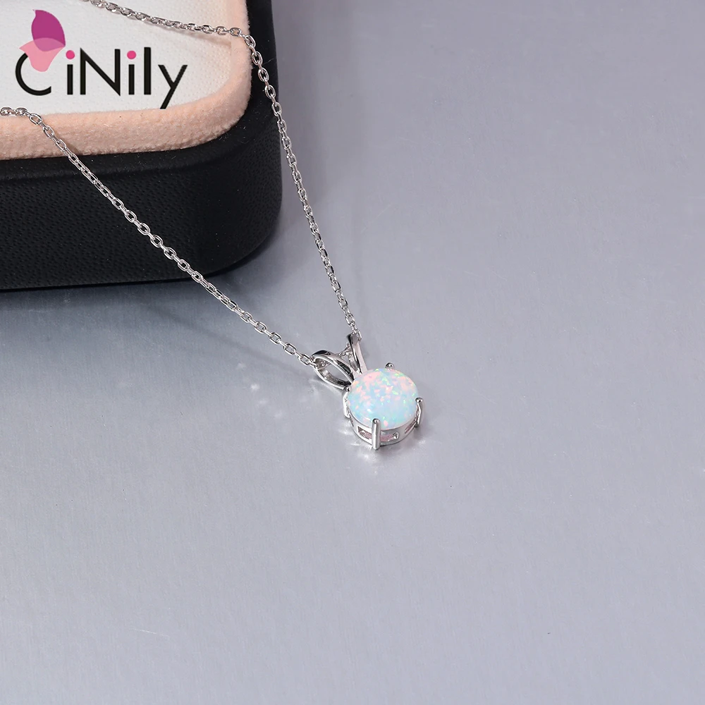 CiNily Created Blue/White Fire Opal Pendant Authentic 925 Sterling Silver Round Shape Pendant Necklace for Women Fashion Jewelry