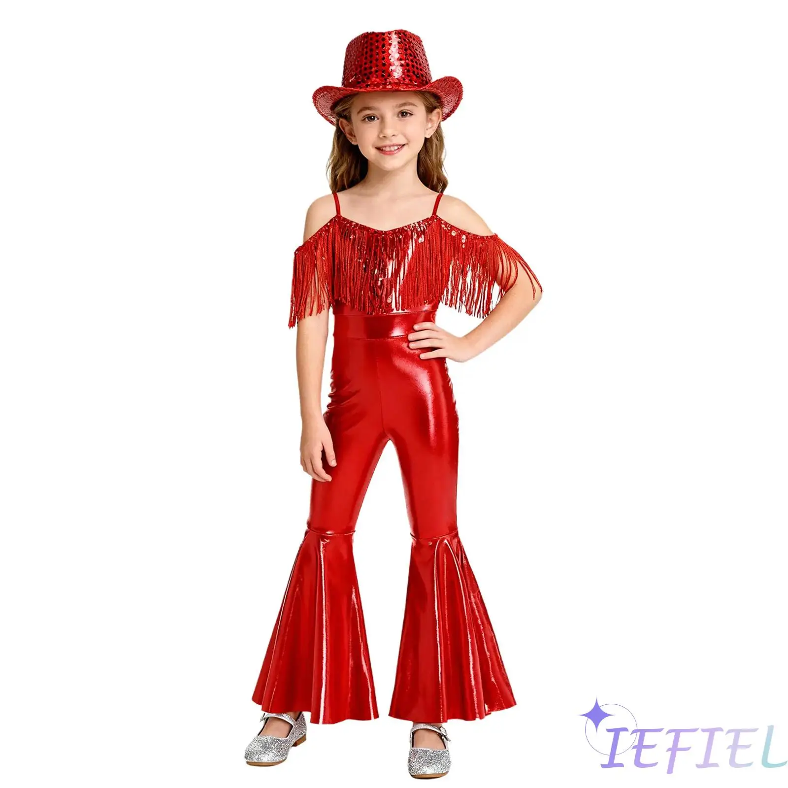 

Girls Jazz Dance Outfit Sleeveless Sparkly Sequins Tassels High Waist Flared Jumpsuit with Fedora Hat for Banquet Pageant Party