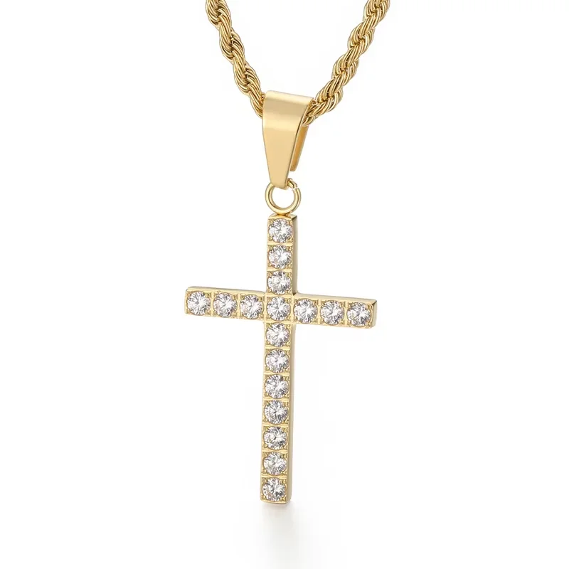 Fongten Religion Cross Necklace For Women Men Rhinestone Stainless Steel Pendant Twisted Chain Choker Charm Couples Jewelry