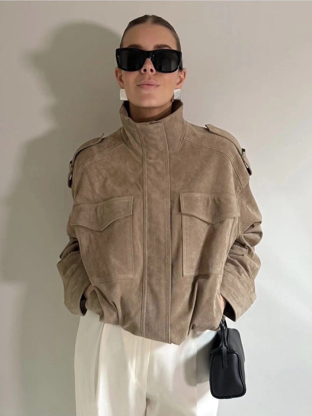 ZHAOLIN Casual Loose Suede Motorcycle Pilot Jacket Women's Autumn New Style Fashionable Versatile Long Sleeve Zipper Pocket
