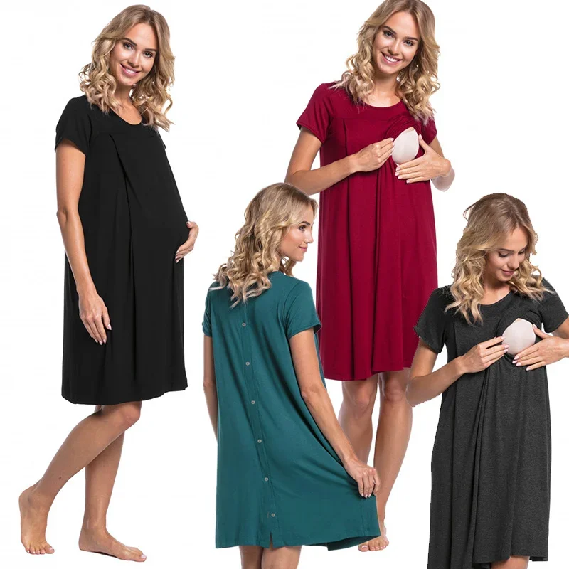 Nightgown Pregnant Women Nursing Nightwear Casual Short Sleeve Breastfeeding Dress Maternity Dress for Hospital