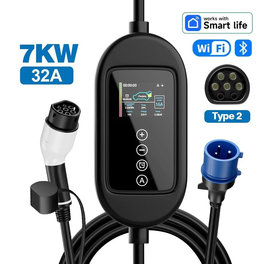 

32A 7KW Type2 CEE Plug Portable EV Charger 10M 5M Electric Vehicle Charger 1Phase 90~290V EV Car Charger Wi-Fi Bluetooth APP