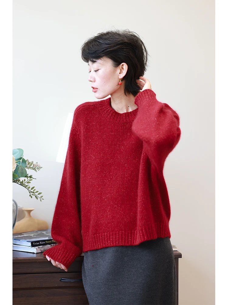 

Утепленный мягкий вязаный свитер из кашемира, красный, с круглым вырезом, женский, теплый, модный, для повседневной носки, весна-осень-зима