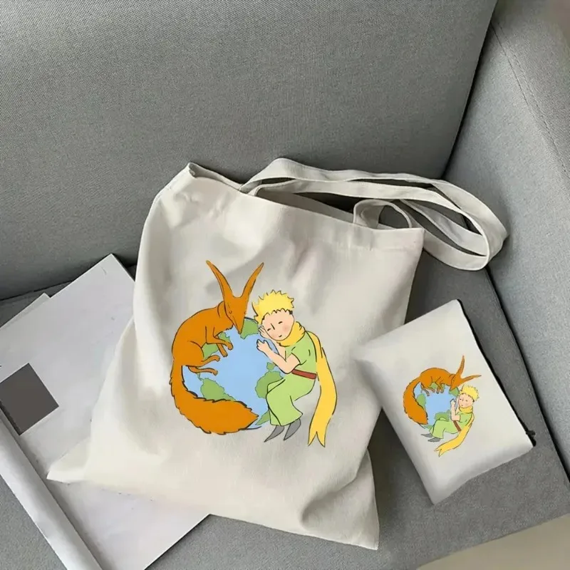 2pcs Little Prince Ladies Handbag Cosmetic Bag Canvas Large Capacity Shoulder Bag Eco-friendly Portable Travelling Shopping Bag