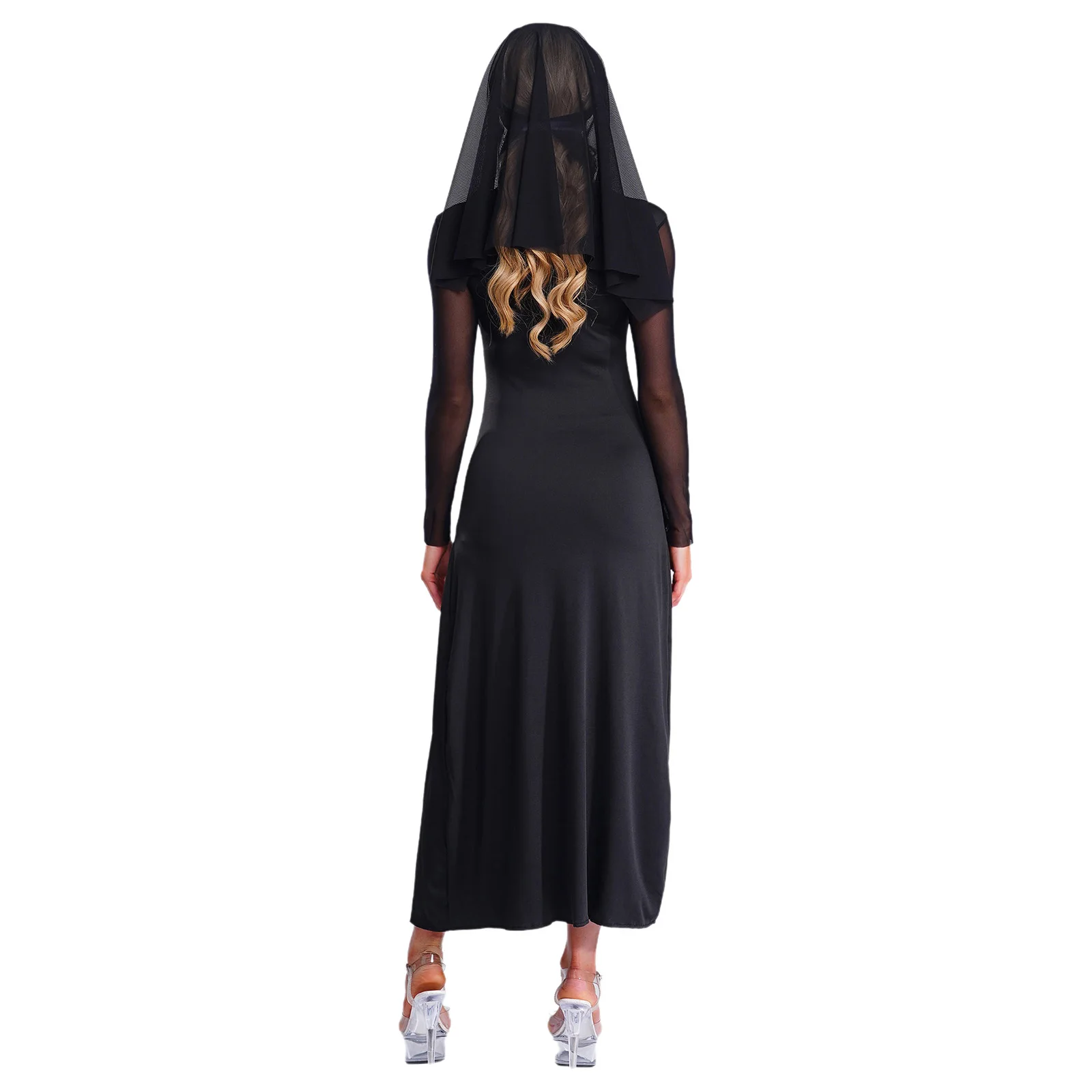 Womens Nun Cosplay Dress with Veil Cross Print Mesh Long Sleeve Slit Hem Dresses with Attached Veil Carnival Fancy Dress Ups view 2