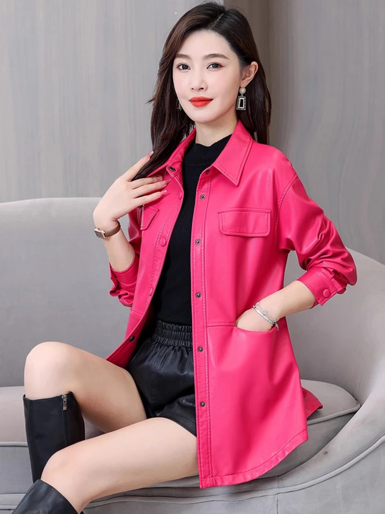 New Women Shirt Style Leather Jacket Spring Autumn Fashion Casual Turn-down Collar Lace-up Slim Leather Coat Split Leather