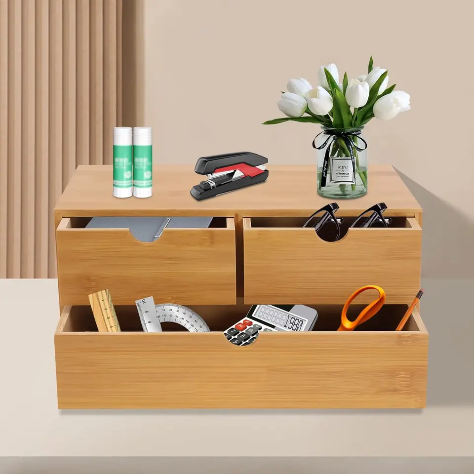 Natural Bamboo Desk Organizer with Drawers