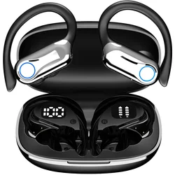 Écouteurs sans fil Bluetooth TWS avec microphone, écouteurs stéréo HiFi, casques de sauna étanches, crochet d'oreille sport, affichage LED