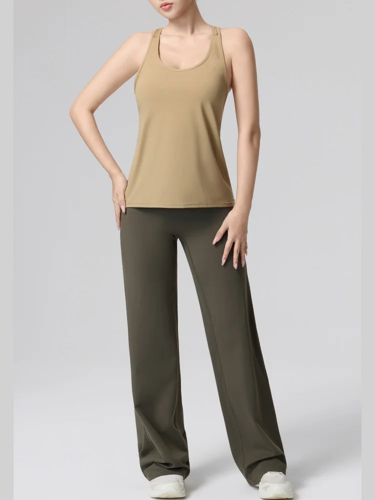 Mesh Loose Vest + Crossed Back Bra + Straight-leg Pants Yogasuit,Removable Chest Pads, High Elastic Breathable Casual Sportswear