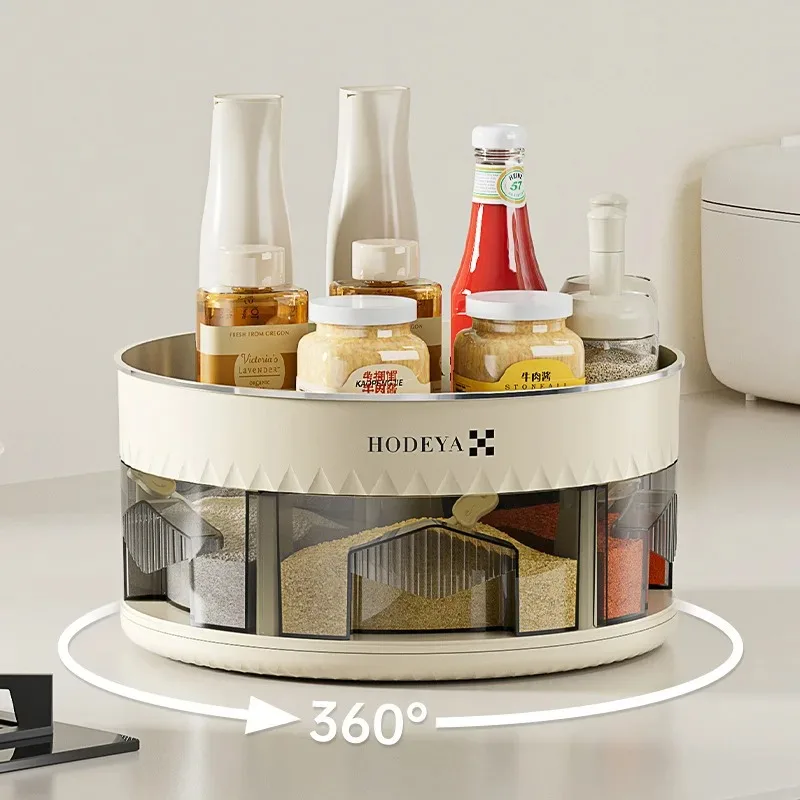 Aufbewahrungsregal mit großer Kapazität und Teilungsgitter, doppelschichtig, drehbar, 360°-Gewürz °   Drehbares Regal für Küchenzubehör, Organizer