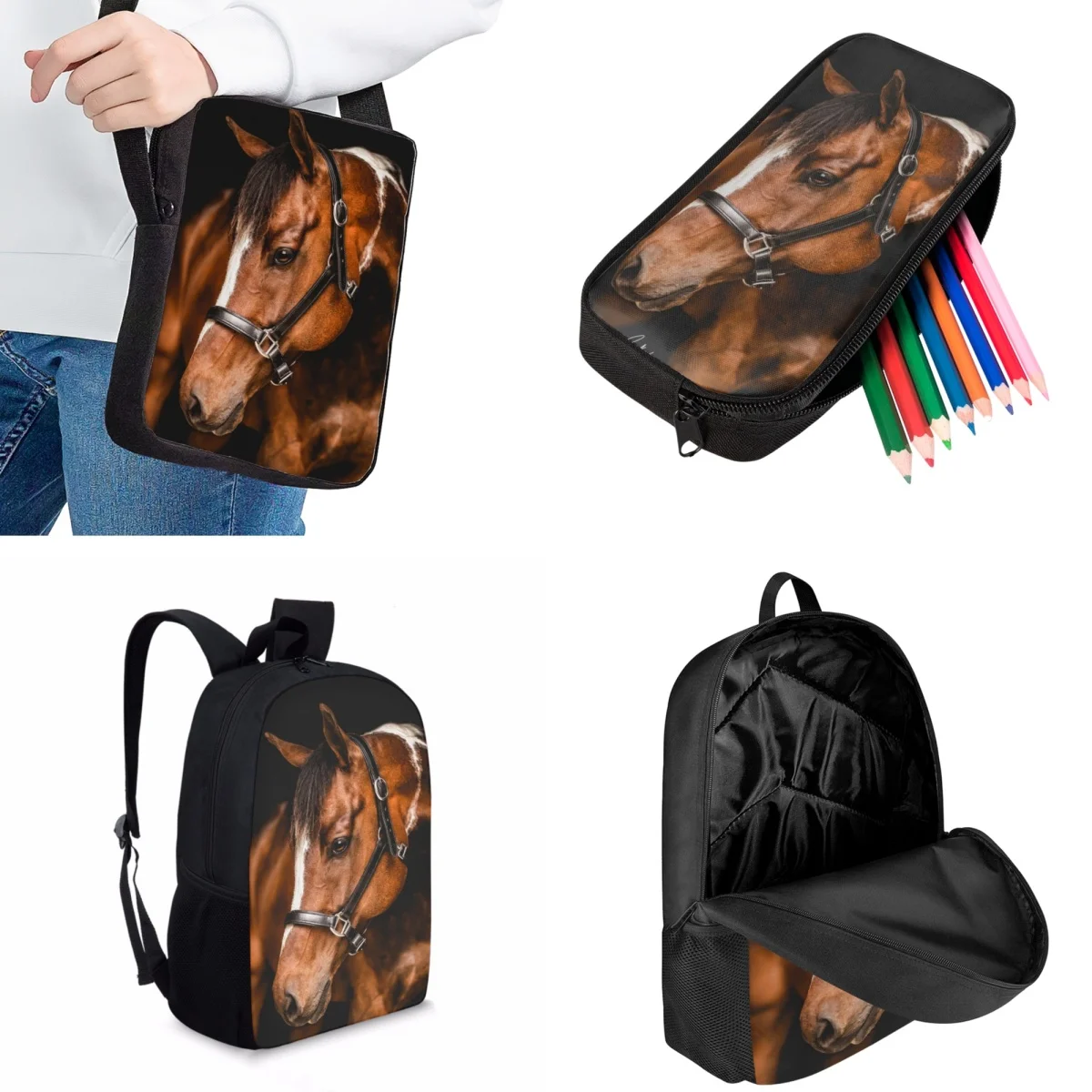 Jackherelook Kids School Bag Set Horse Pattern 3D Printing Casual Fashion Backpack Student Practical Schoolbag Crossbody Bags
