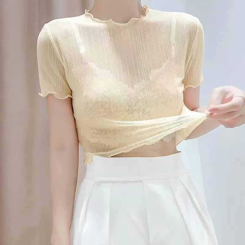 Black Lace Crop Top with Tulle Underlay Short Sleeve Women's Summer New Style Fashionable Korean round Neck Bright Thread Detail