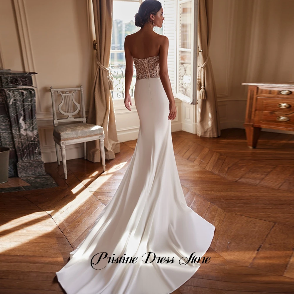 Delicate Beading Tulle Wedding Dress Modern Strapless Bridal Gowns with Zipper Back Mermaid Jersey Customized Vestido De Novia