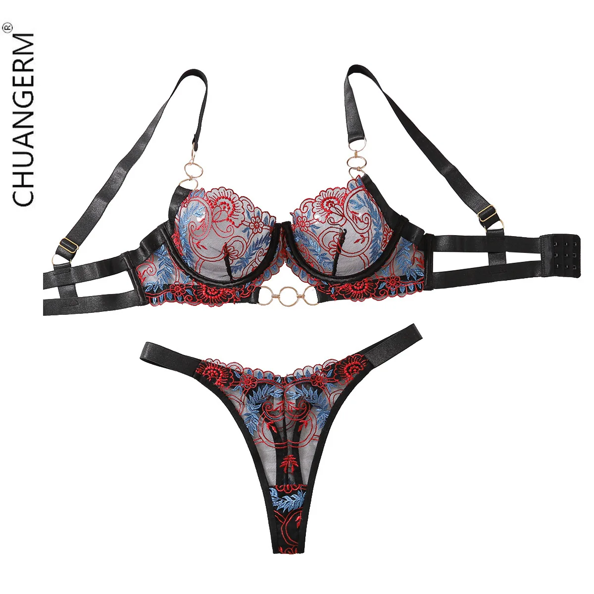 

CHUANGERM Sexy Suit Erotic Retro Female Underwear Onlyfan Sexy Outfits Lingerie Embroidery Hollow Bra and Panties Sets Set