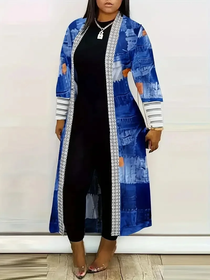 Plus Size 1XL-5XL Women\'s Long Jacket Casual Printed Cardigan Jacket Spring and Autumn Long Sleeved Fashionable Jacket