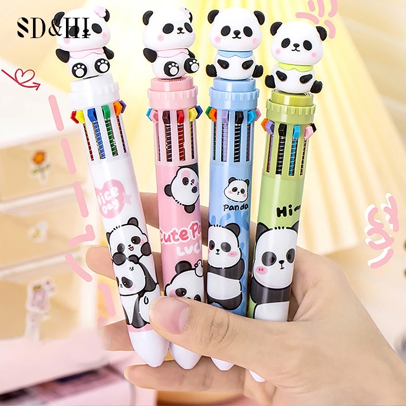 1 buah pena bolpoin 10 warna Panda lucu kreatif kartun Kawaii beruang hitam putih pena multiwarna hadiah alat tulis sekolah