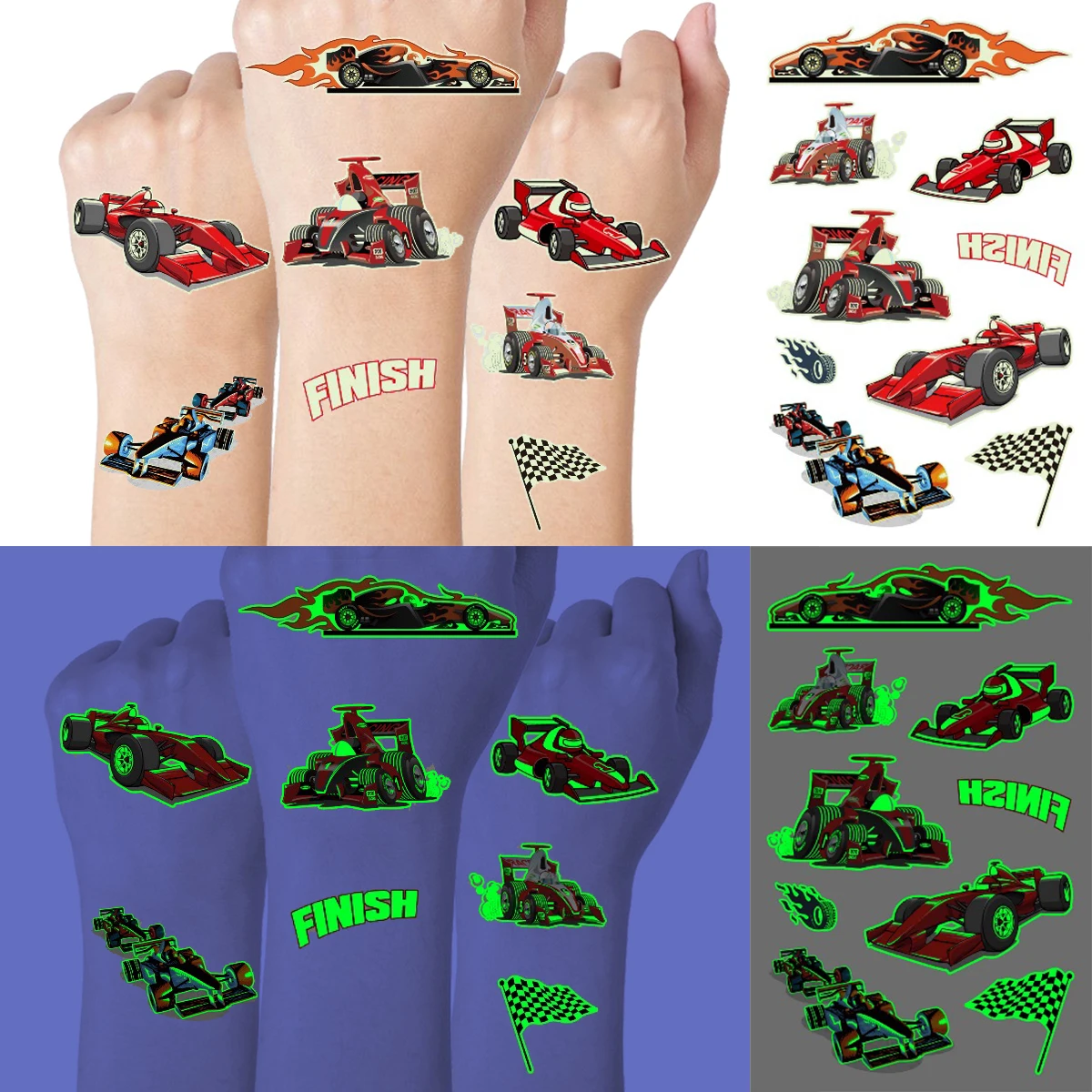 Tatuajes temporales de carreras que brillan en la oscuridad para niños y adolescentes, coche luminoso, pegatina de tatuaje falso impermeable,