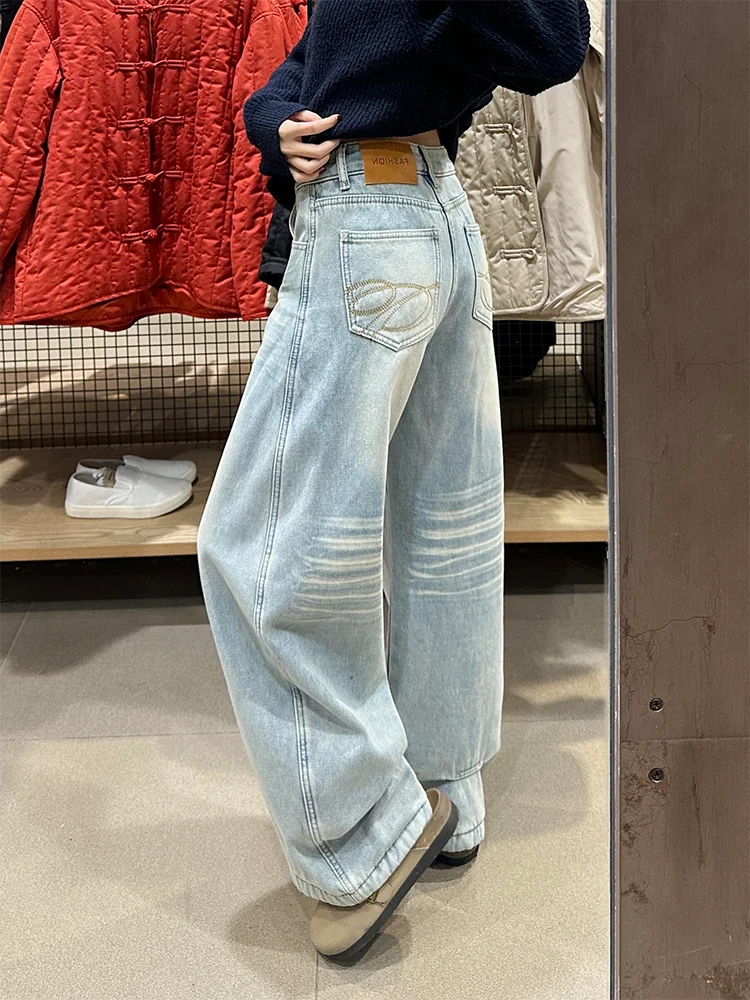 

Loose Wide Leg Blue Jeans Women's Vintage High Waist Straight Leg Casual Long Trousers Wear Resistant Comfortable Denim Pants