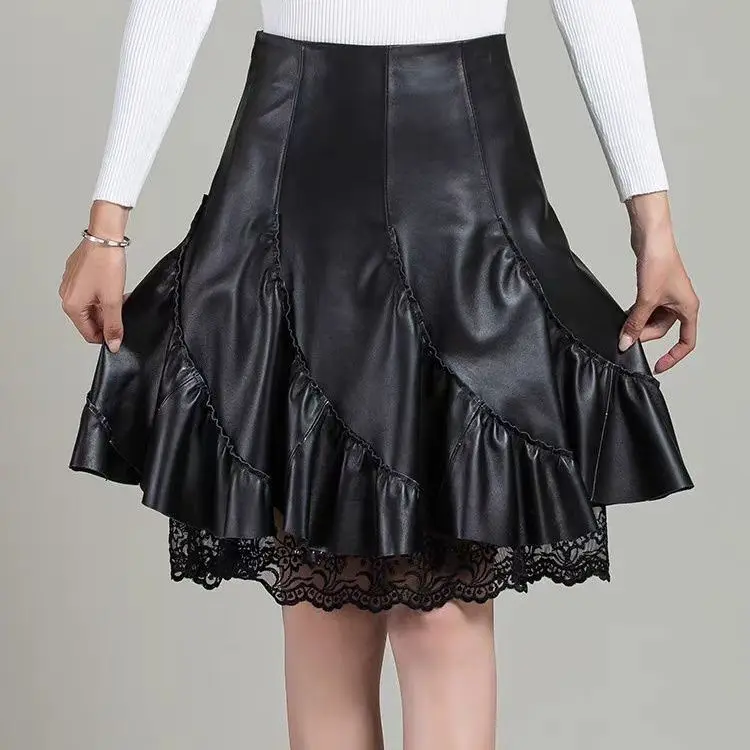 Design Sense Niche PU Leather Skirt Autumn Winter Women New High Waist Slimming Flower Bud Lace Skirt Streetwear Kawaii Clothing