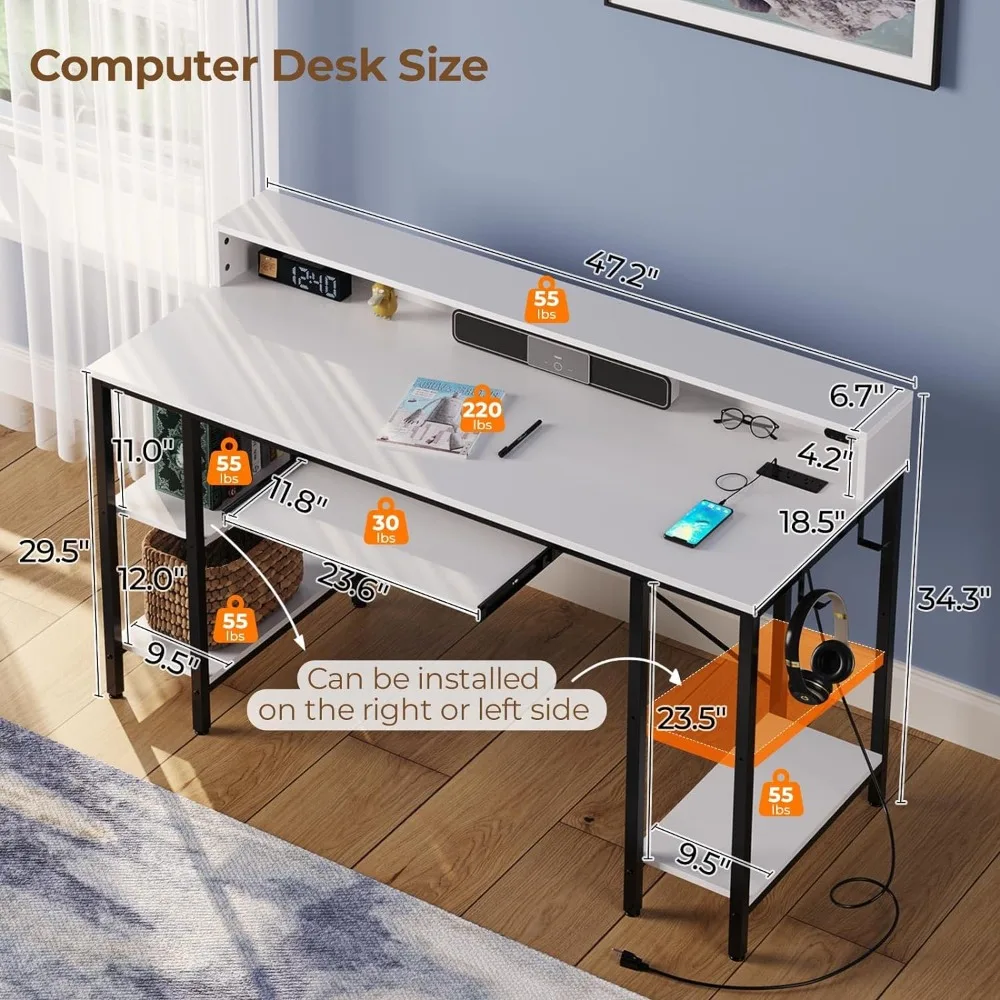 Rolanstar Computer Desk 47inch,LED Lights&Power Outlets,Storage Shelves,Keyboard Tray,Writing Desk