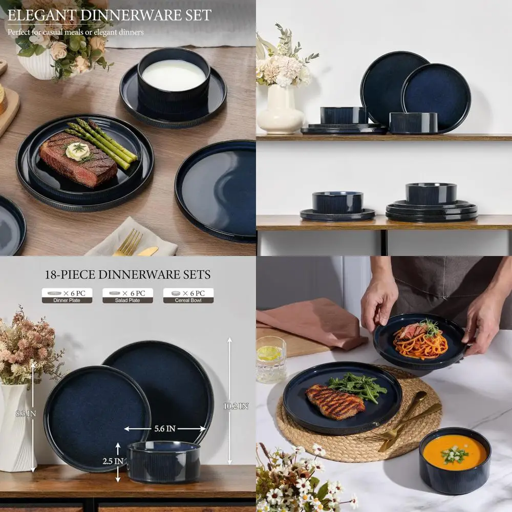 18-Piece Stoneware Dinnerware Set: 6-Person Ribbed Plates and Bowls, Blue, Dishwasher and Microwave Safe