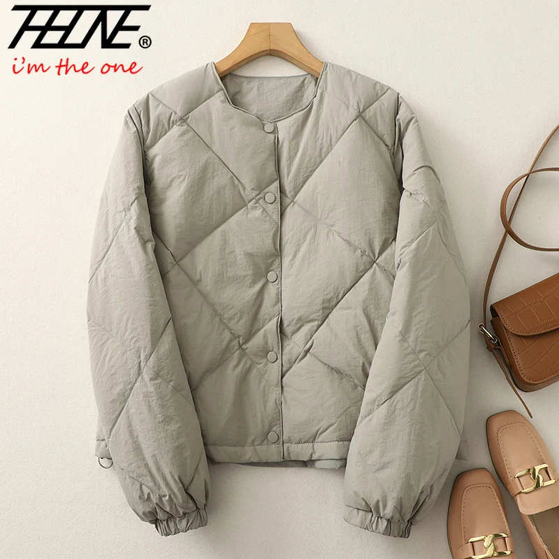 THHONE Winter Jackets for Women 2025 Warm Parkas Gingham O Neck Long Sleeve Solid Basics Casual Loose Clothes Top Coat Outerwear