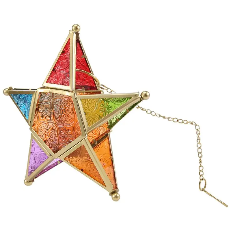 PZHI-Multicolour Glass Star Votive Tea Light Candle Holder Hanging Lighting Lantern Wedding Birthday Party Home Garden Decor