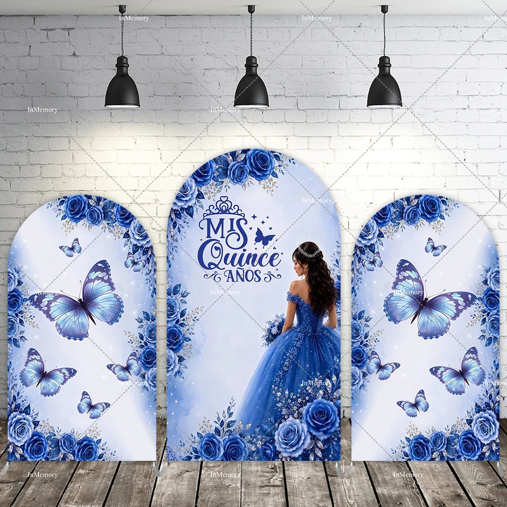 Pink Blue Purple Quinceanera Dress Princess Girl Sweet 15 16 Birthday Party Arch Backdrop Cover Floral Butterfly Backgrounds