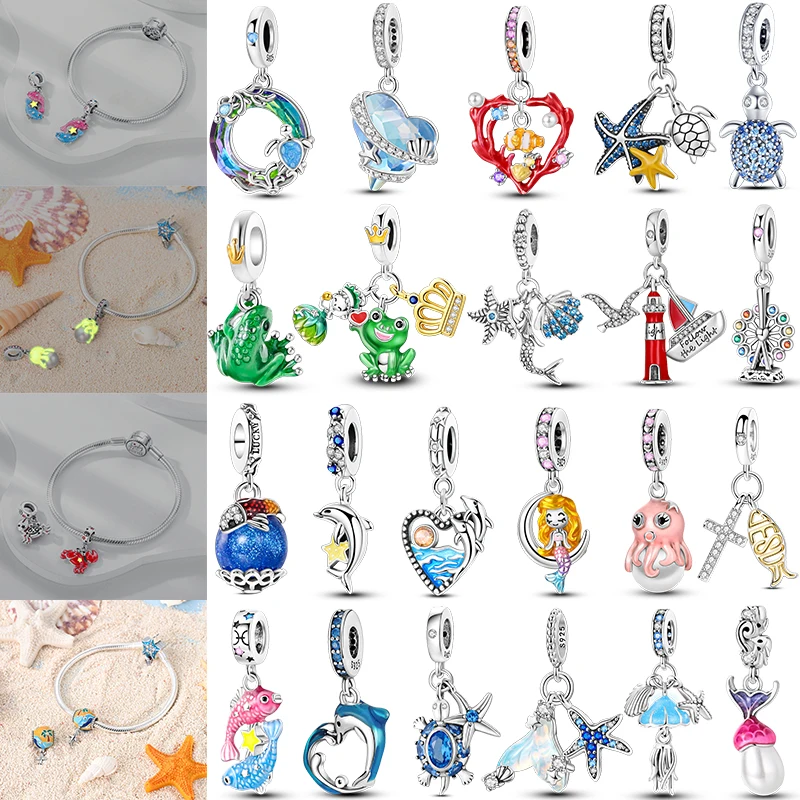 

Octopus Dolphin Crab Starfish Turtle Shell Ocean Mermaid Scallops Anchor cruise ship Charms 925 Silver For Original Jewelry Gift